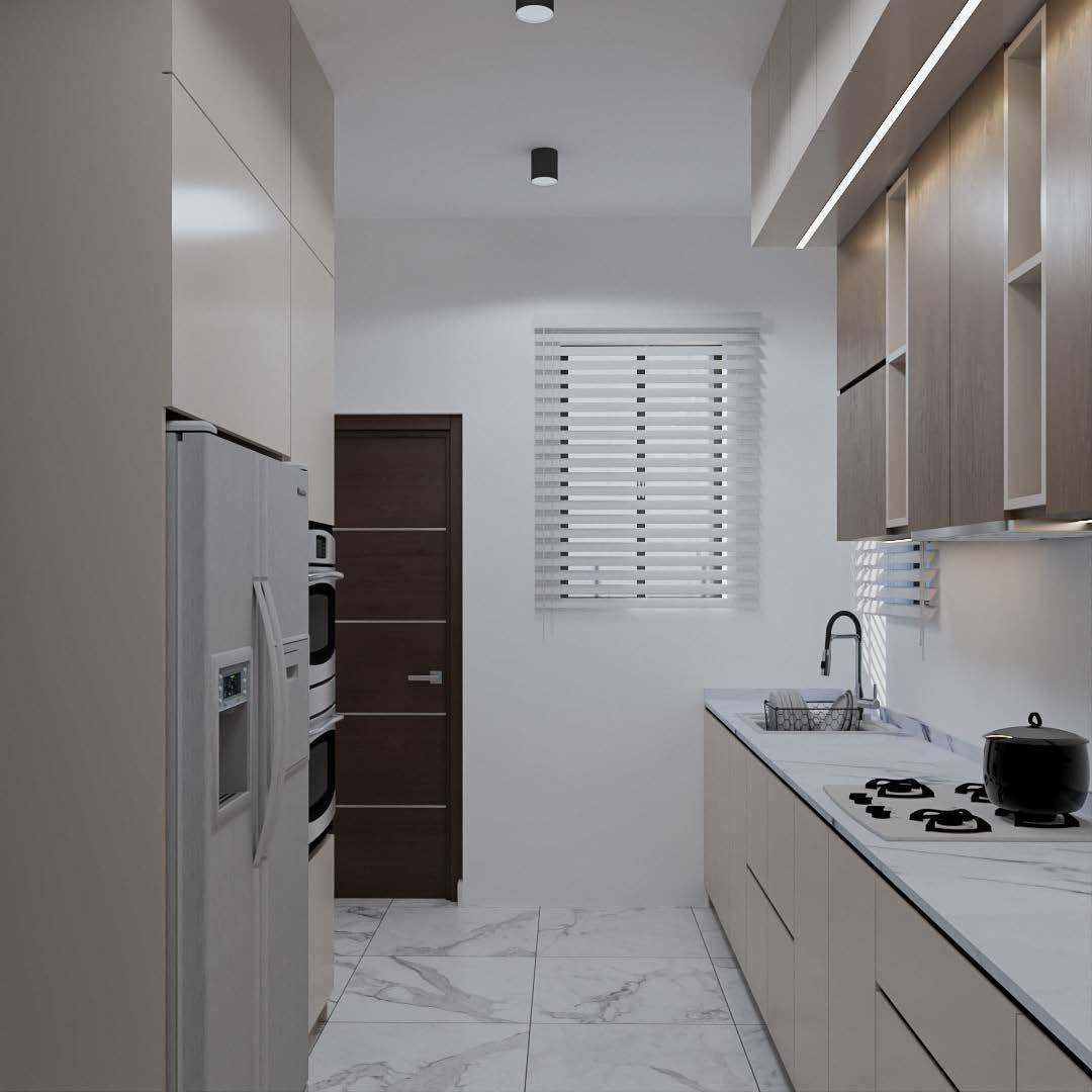 Galley kitchen with a marble worktop, gas hob and walnut wall cabinets