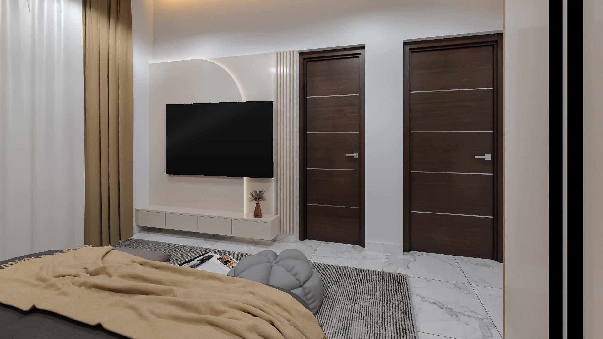 Penthouse bedroom with a media wall and walnut doors