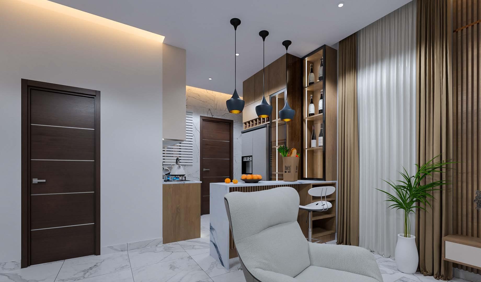 Penthouse living area opening onto the kitchen and breakfast bar