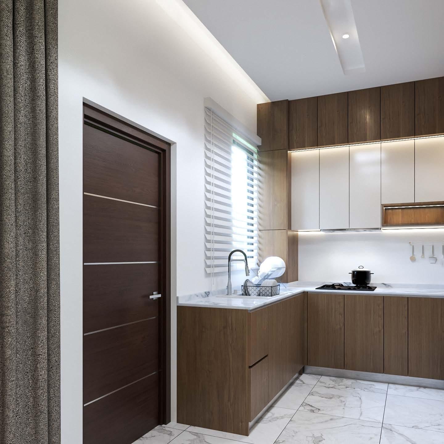 Kitchen with walnut cabinets, under-cabinet lighting and a window above the sink