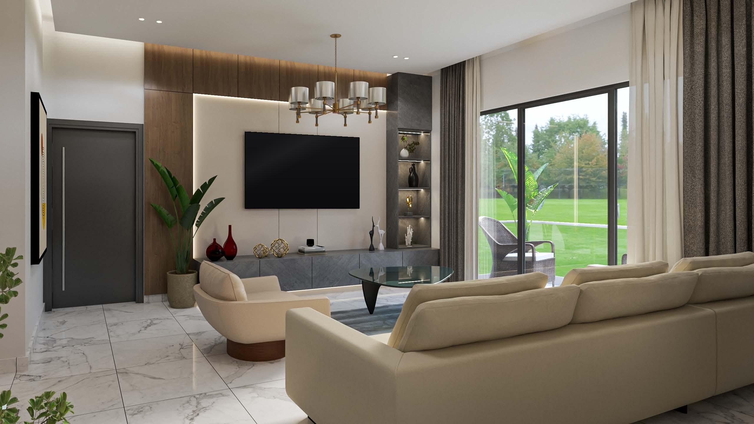 Living room with a cream sectional sofa, walnut feature wall and full-height glass doors opening onto a lawn